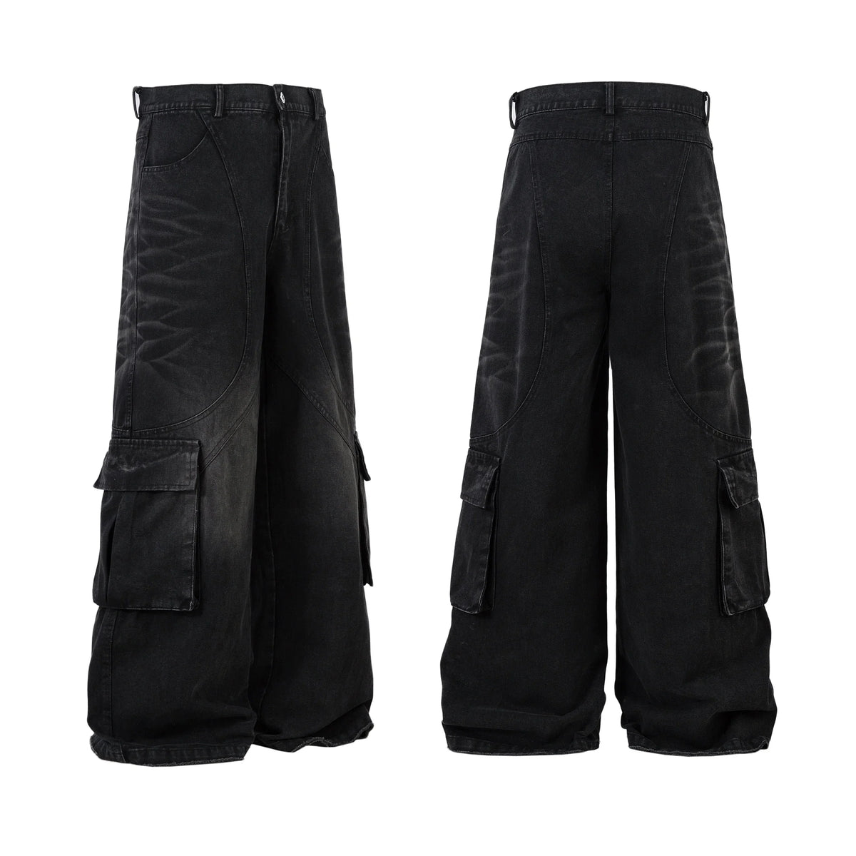 Washed Arc-Panel Cargo Wide-Leg Jeans