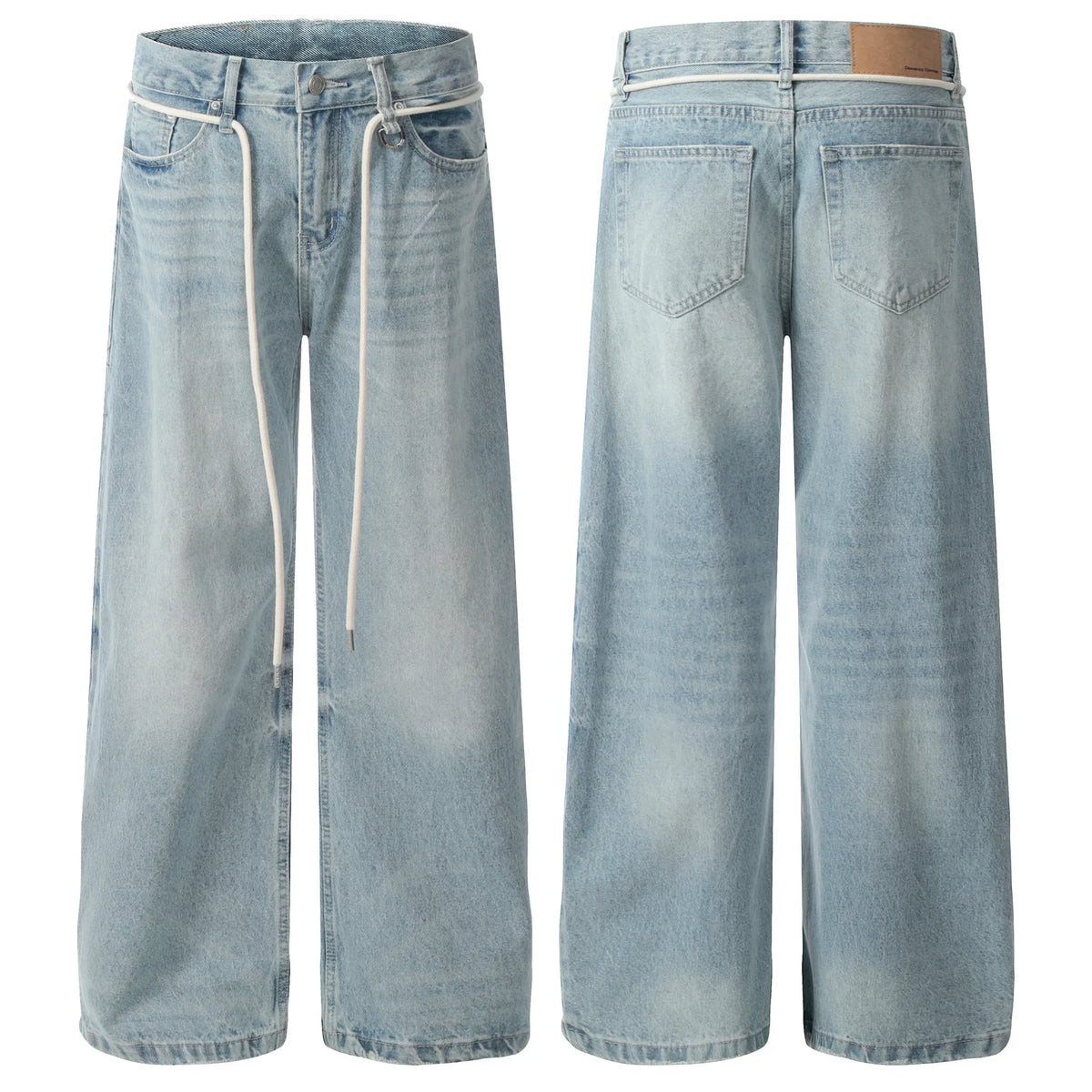 Rope-Belt Light-Wash Wide-Leg Jeans