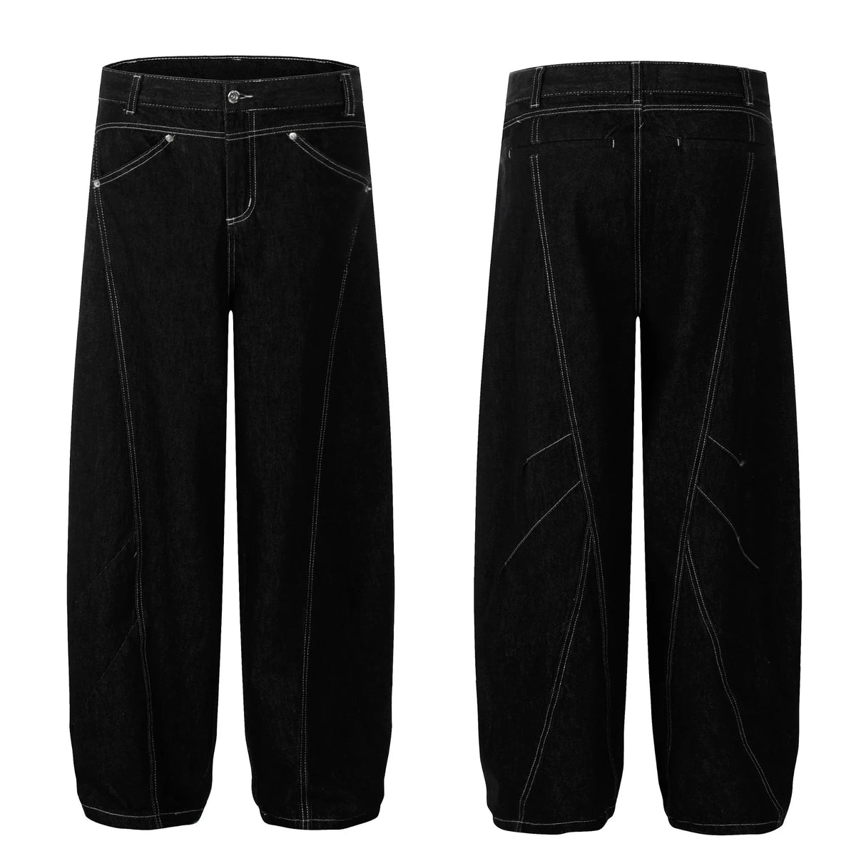 Contrast-Stitch Sculpted Wide-Leg Jeans