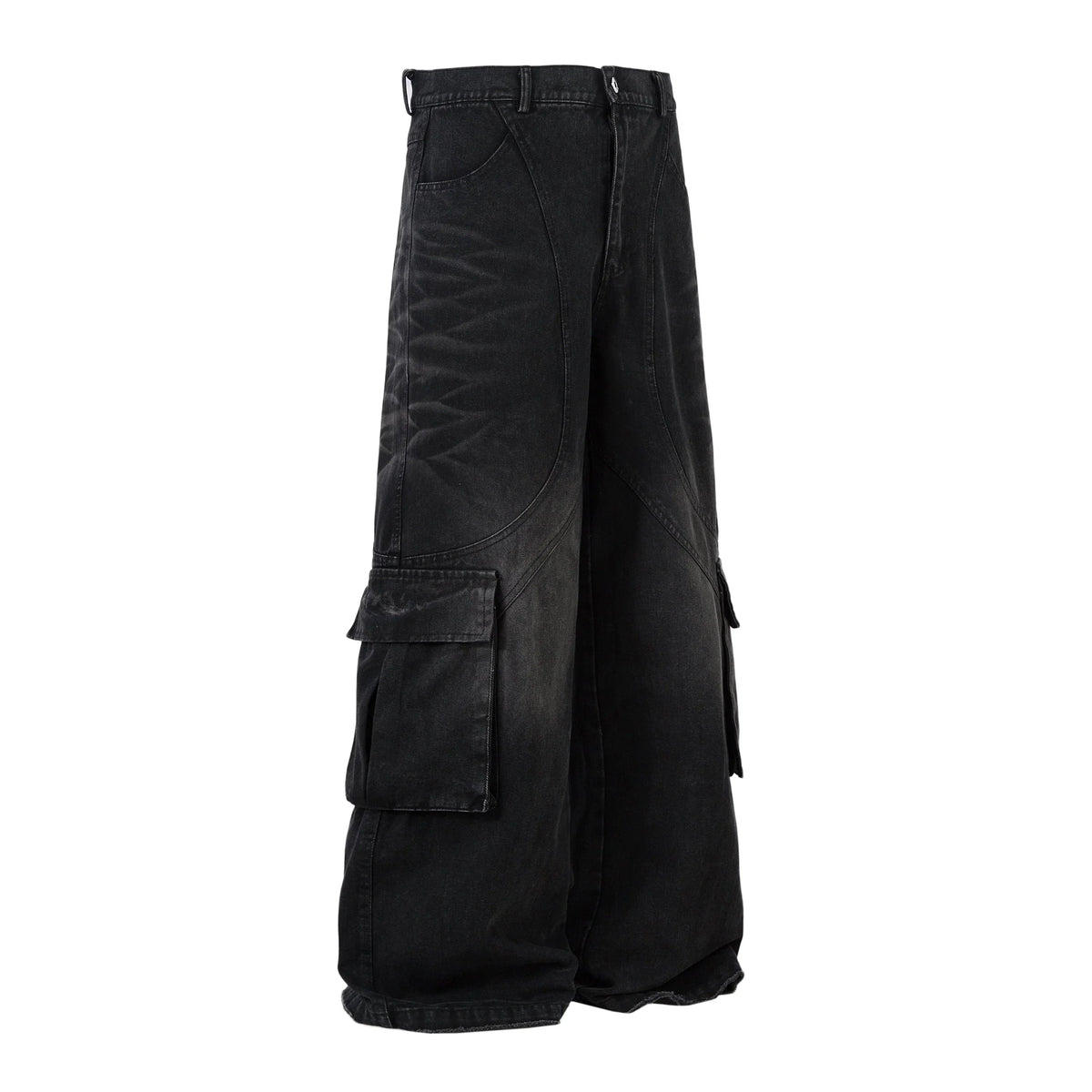 Washed Arc-Panel Cargo Wide-Leg Jeans