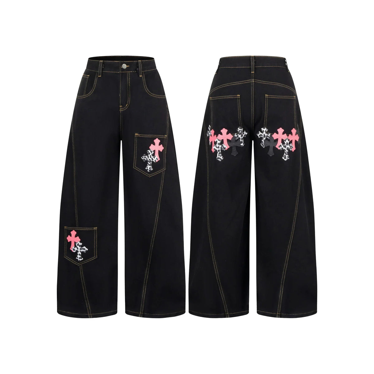 Gothic Cross Wide-Leg Jeans