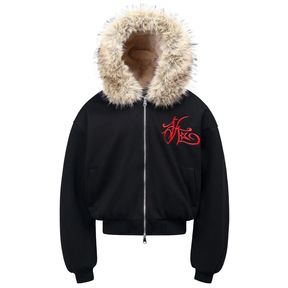 Faux-Fur Hood Embroidered Bomber Jacket