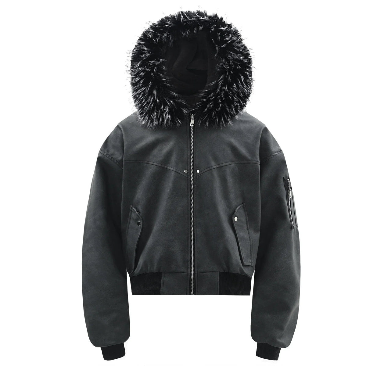 Fur-Trim PU Bomber Jacket