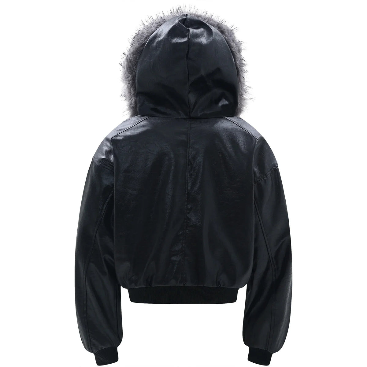 Faux-Fur Hood PU Panel Bomber Jacket
