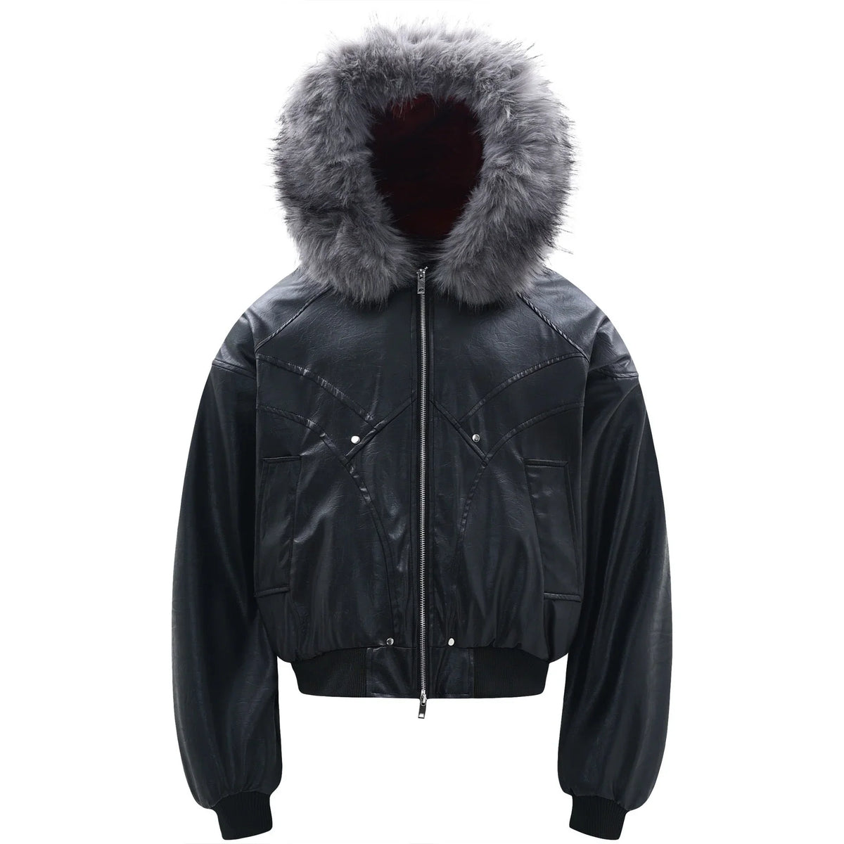 Faux-Fur Hood PU Panel Bomber Jacket