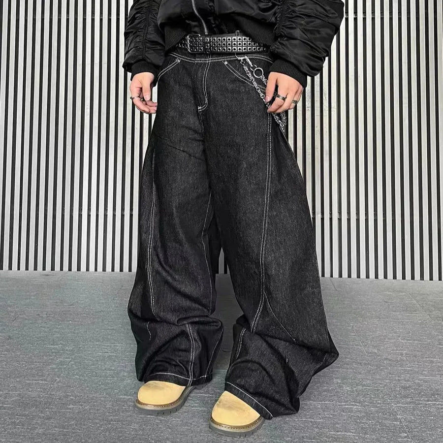 Contrast-Stitch Sculpted Wide-Leg Jeans