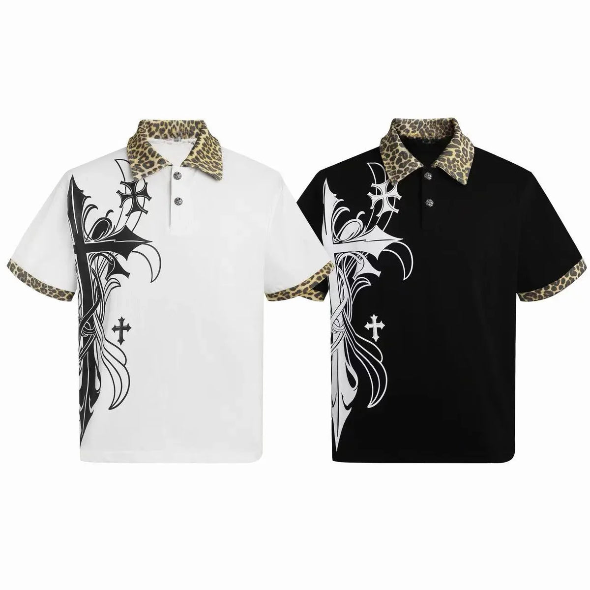 Gothic Cross Leopard Collar Polo Shirt