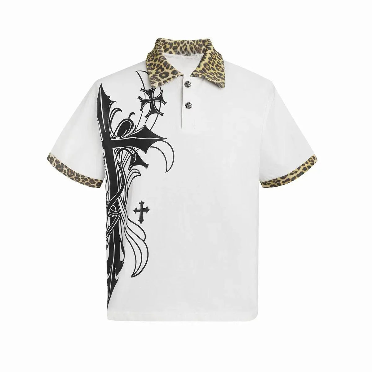 Gothic Cross Leopard Collar Polo Shirt