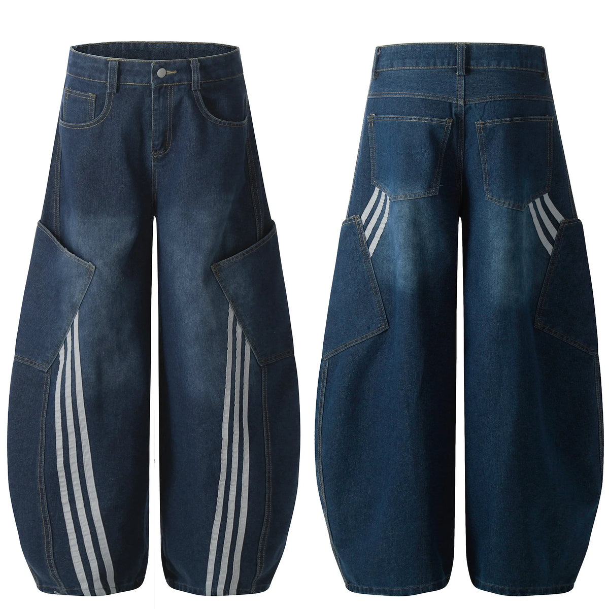 Stripe Panel Balloon Wide-Leg Denim Pants