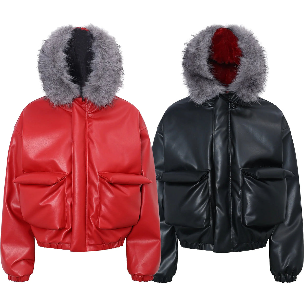 Fur-Trim PU Puffer Jacket
