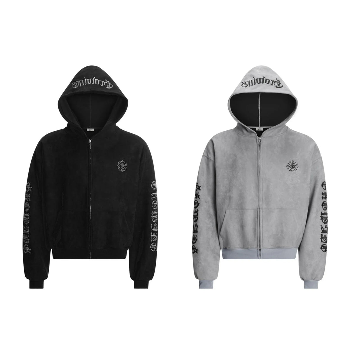 Gothic Embroidered Suede Zip Hoodie