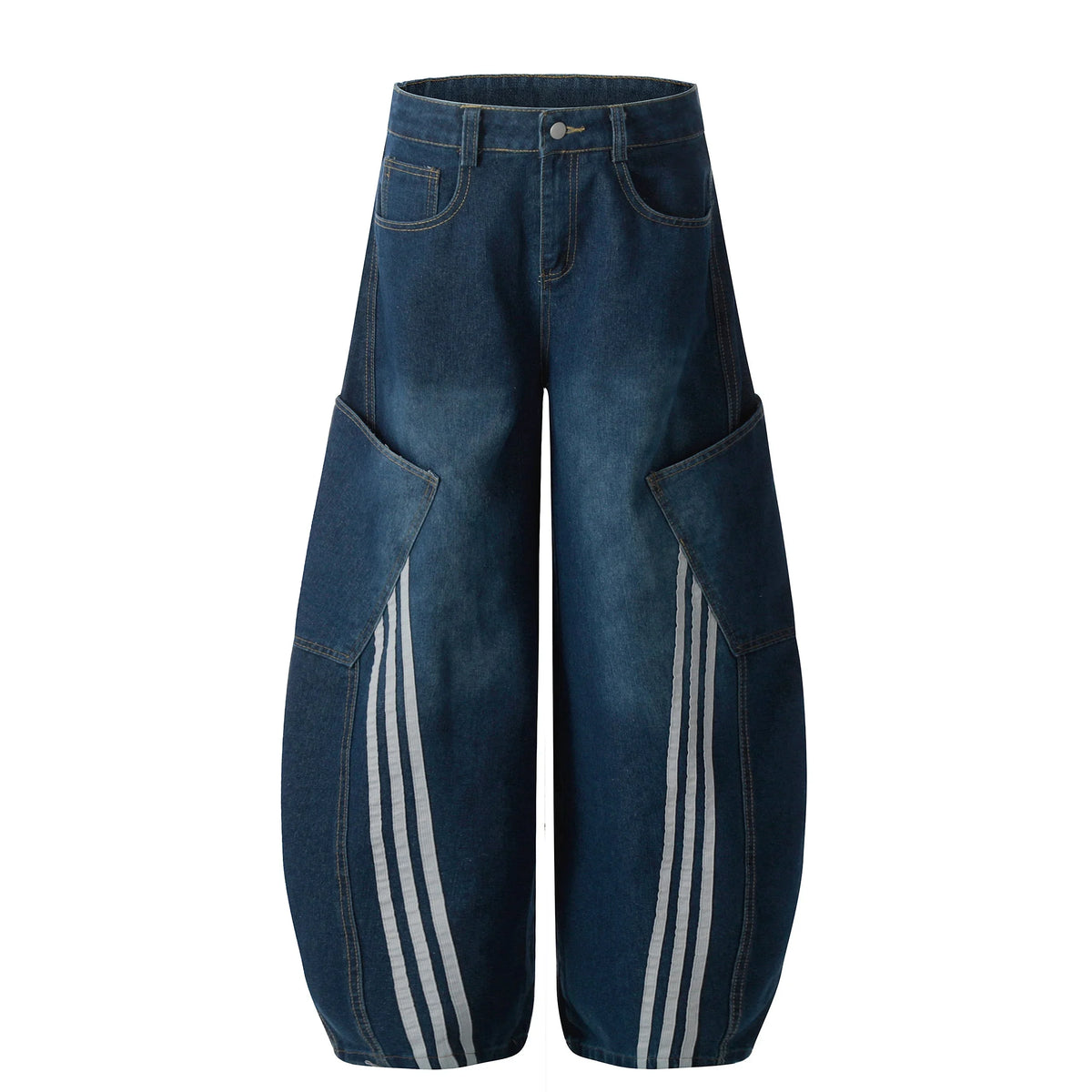 Stripe Panel Balloon Wide-Leg Denim Pants