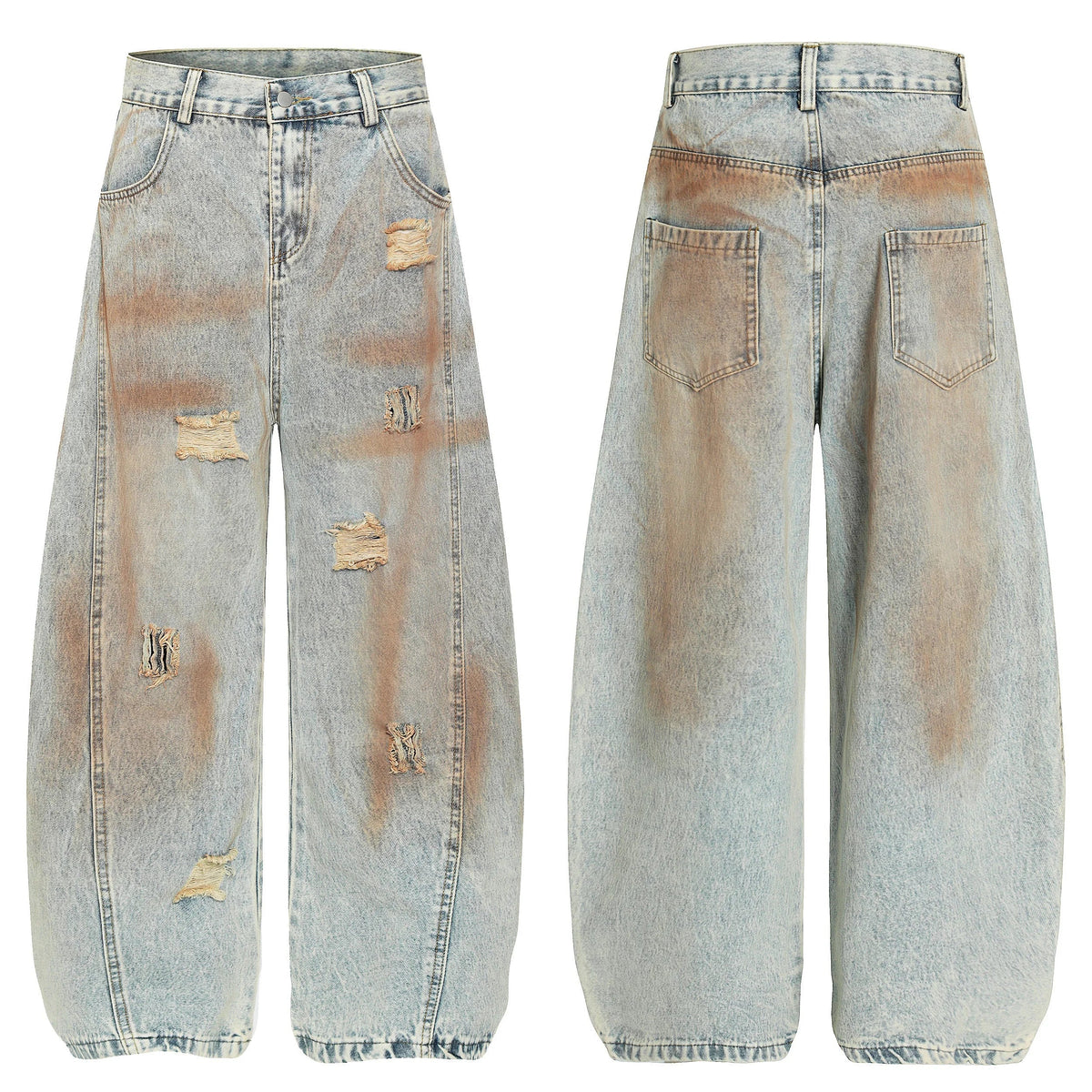 Rust Wash Distressed Barrel Jeans