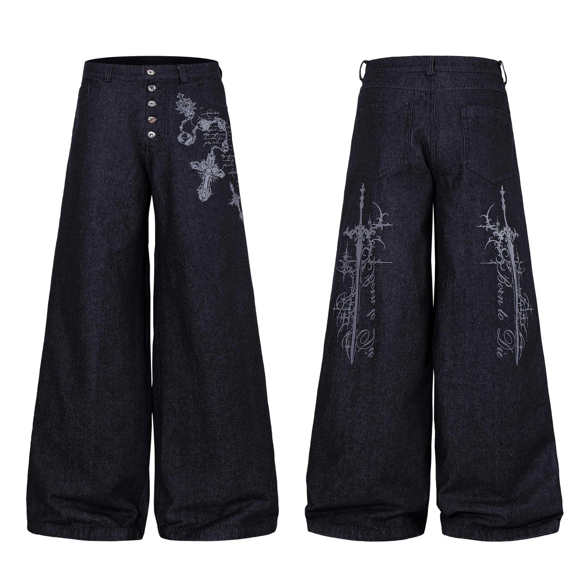 Gothic Cross Wide-Leg Jeans