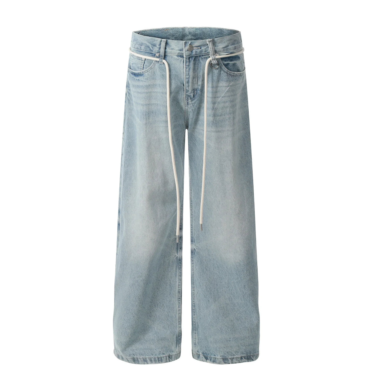 Rope-Belt Light-Wash Wide-Leg Jeans