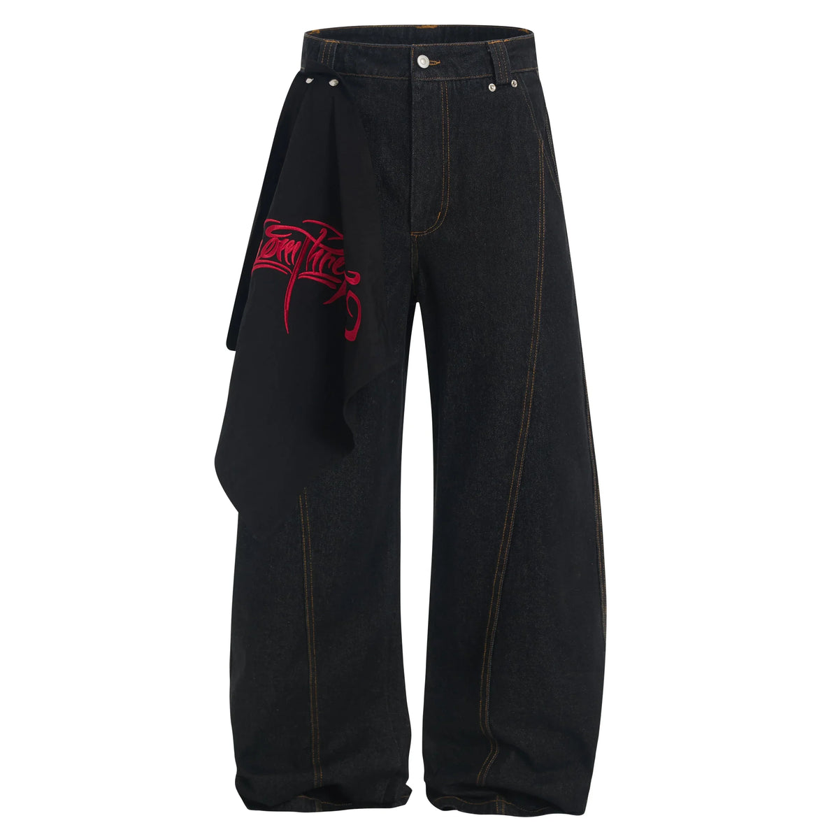 Wide-Leg Pants with Embroidered Side Drape