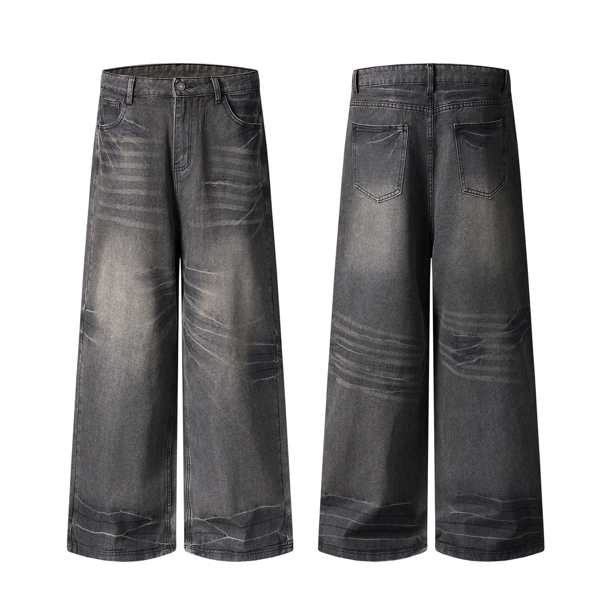 Full-Whisker Washed Wide-Leg Denim Pants