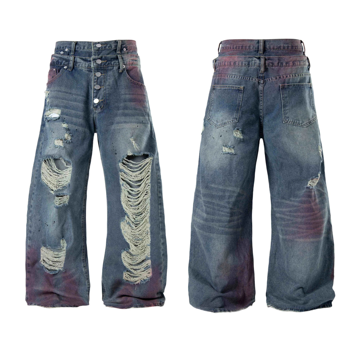 Distressed Washed Wide-Leg Jeans