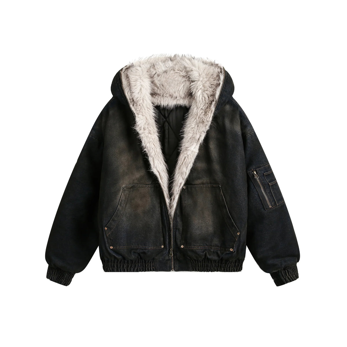 Fur-Lined Washed Hooded Bomber Jacket
