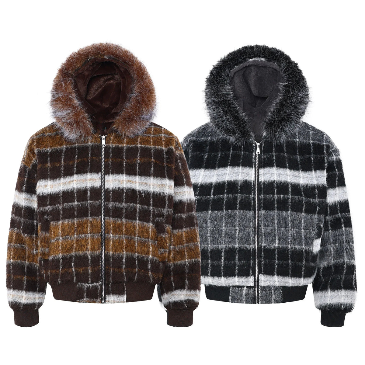 Fur-Hood Plaid Performance Jacket