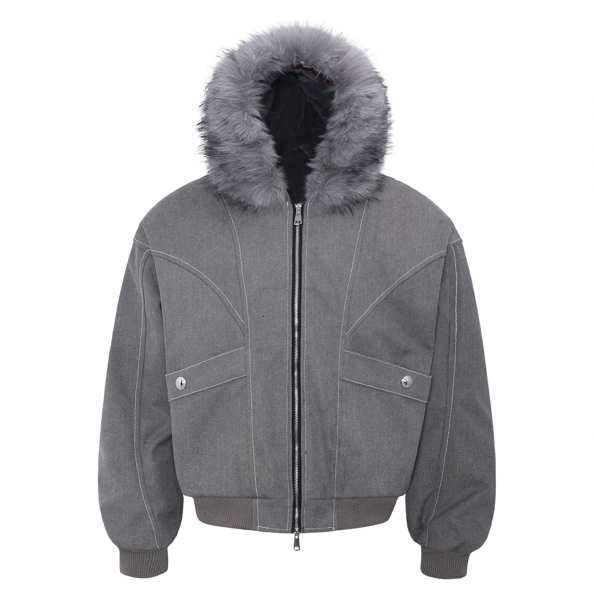 Fur-Hood Sculpted Bomber Jacket
