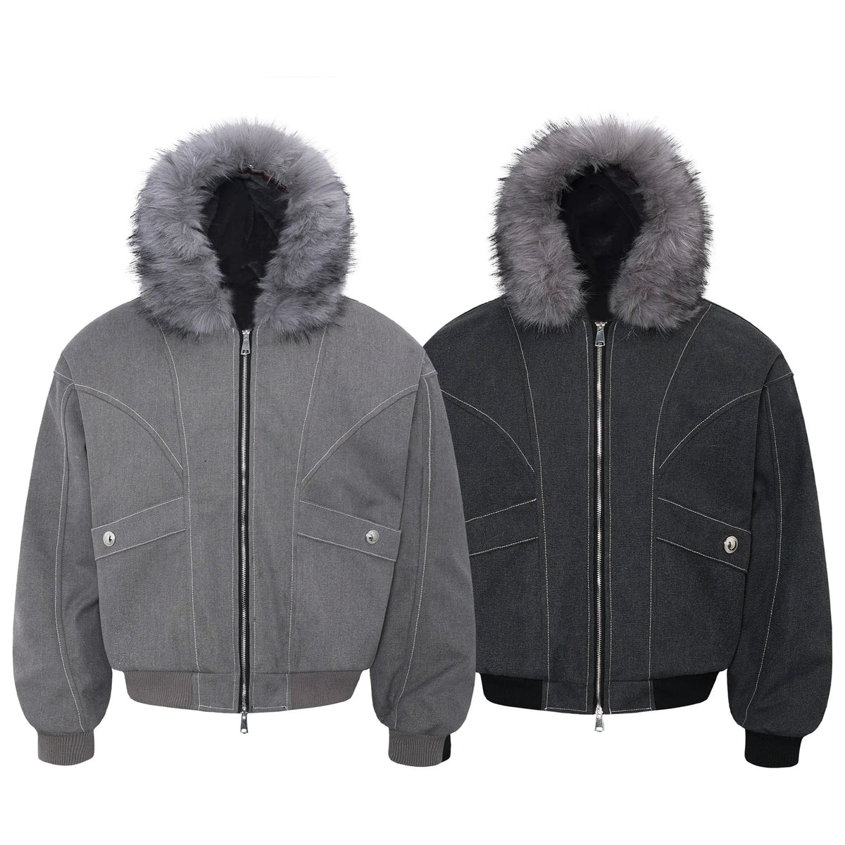 Fur-Hood Sculpted Bomber Jacket
