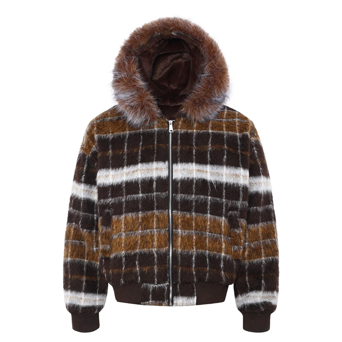 Fur-Hood Plaid Performance Jacket