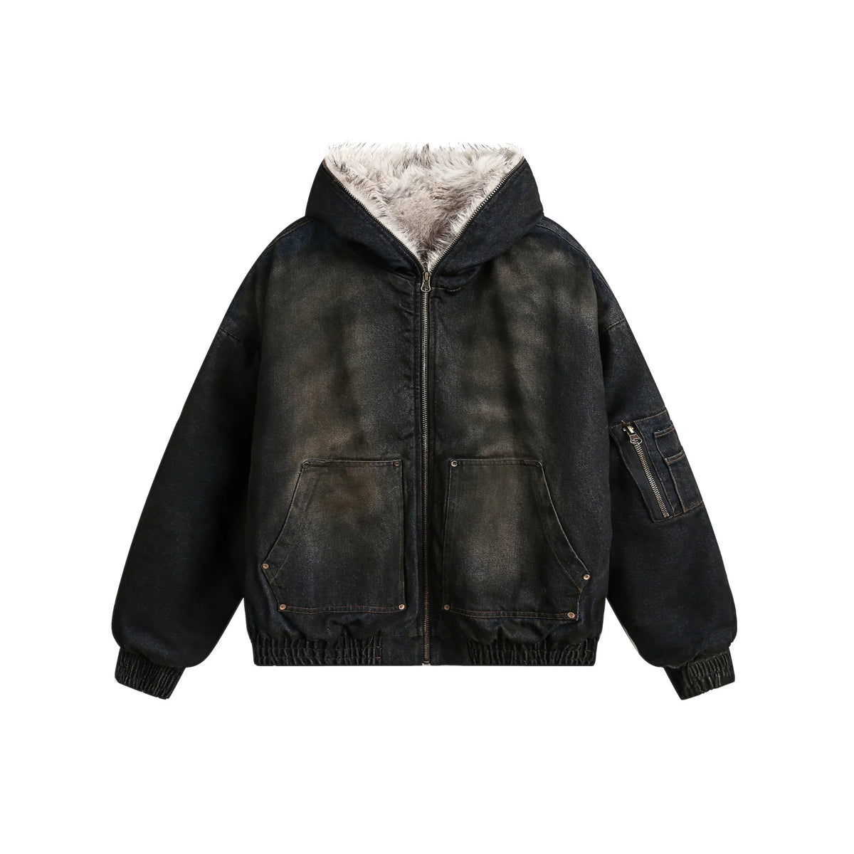 Fur-Lined Washed Hooded Bomber Jacket