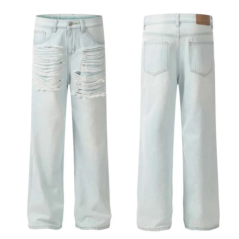 Shredded Light-Wash Wide-Leg Jeans