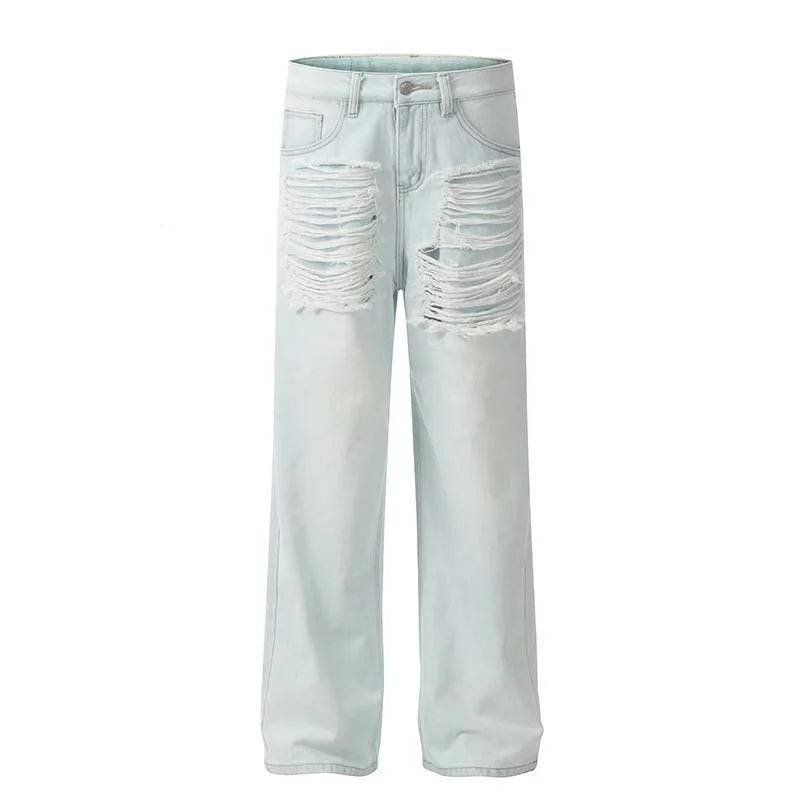 Shredded Light-Wash Wide-Leg Jeans