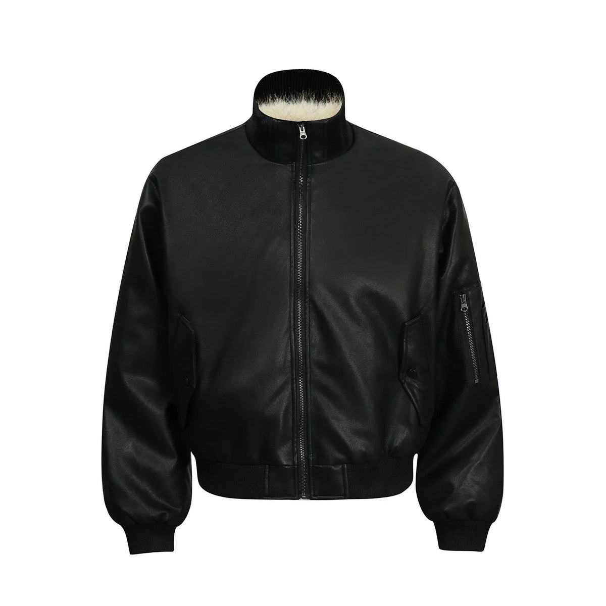 Fur-Lined PU Bomber Jacket