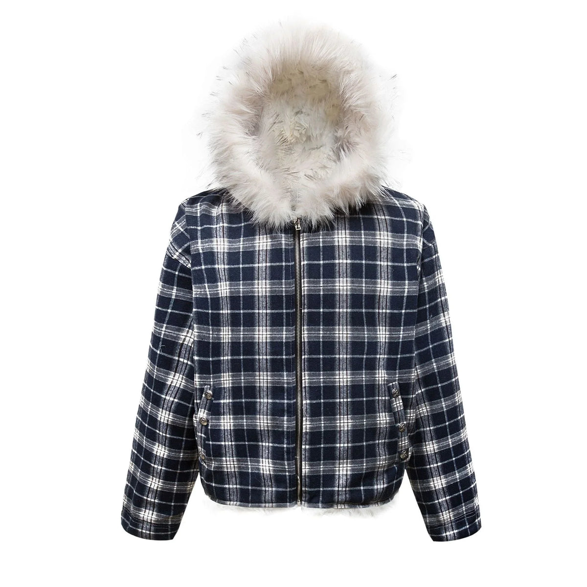 Plaid Fur-Hood Cotton Jacket