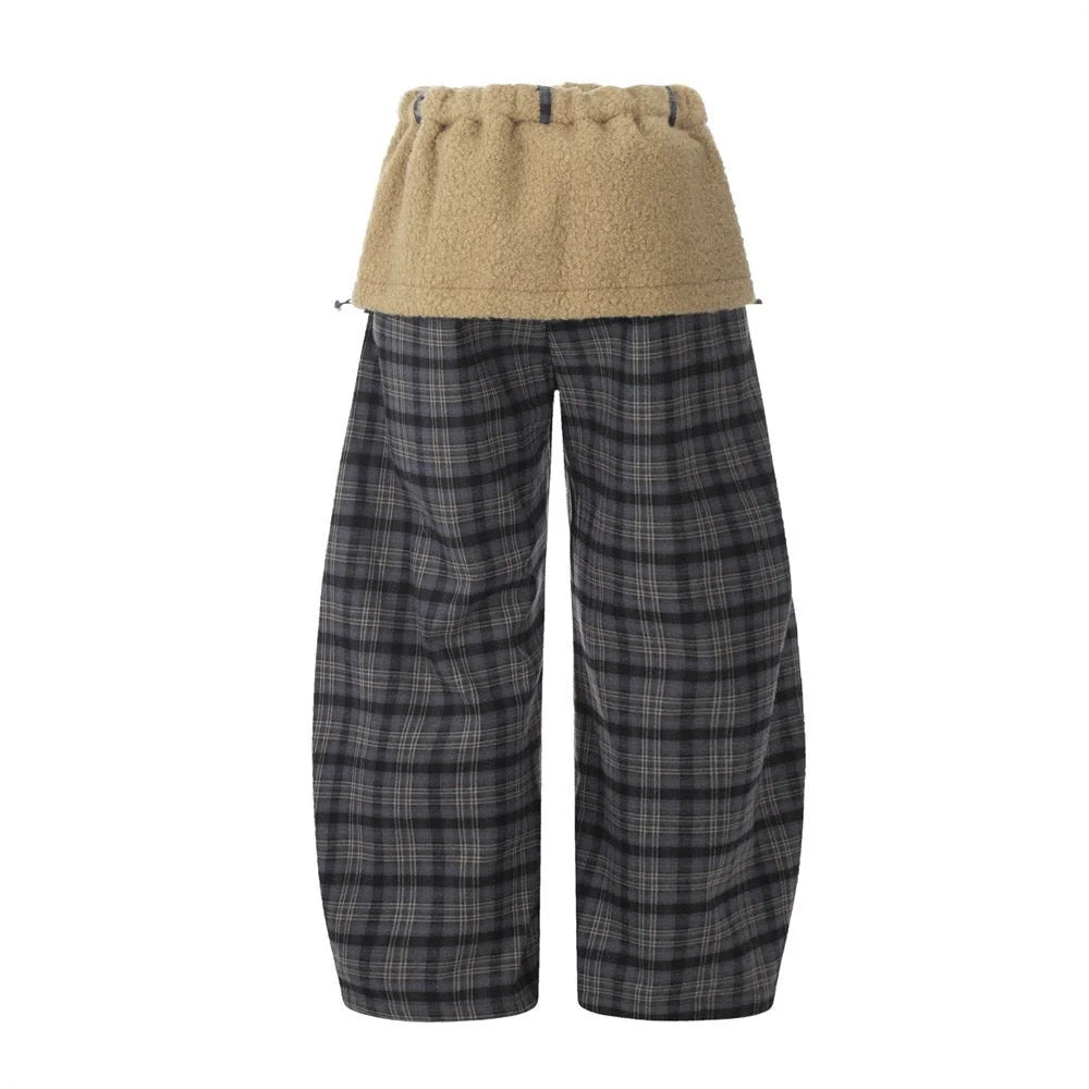 Layered Fleece Plaid Wide-Leg Pants