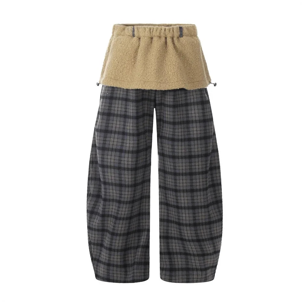 Layered Fleece Plaid Wide-Leg Pants