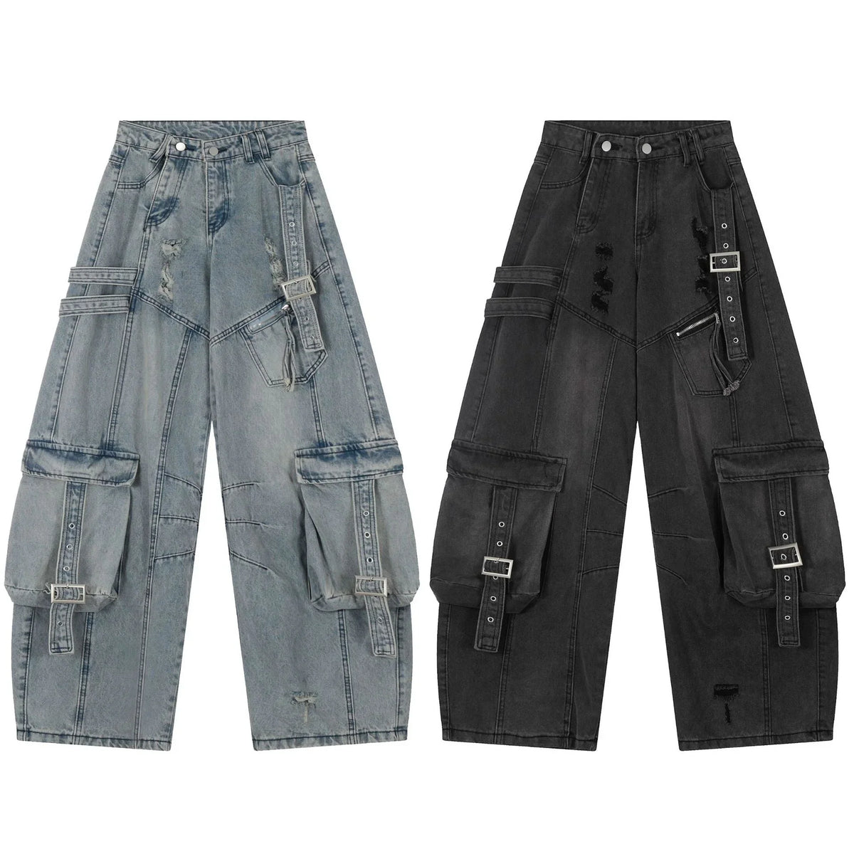 Multi-Pocket Buckle Wide-Leg Denim Pants
