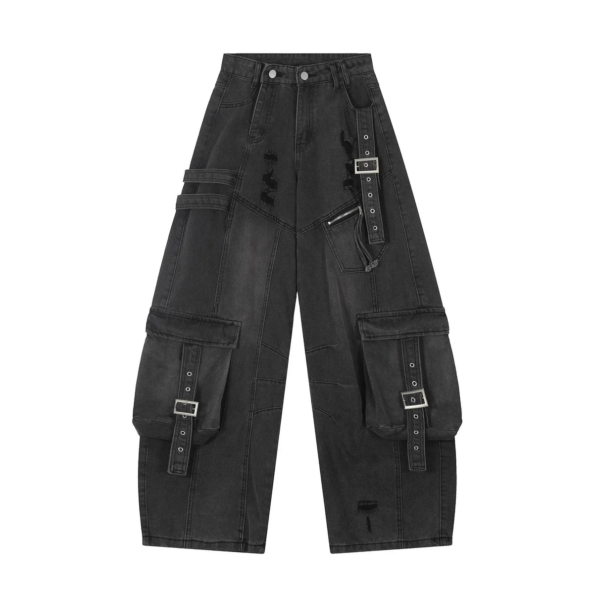 Multi-Pocket Buckle Wide-Leg Denim Pants