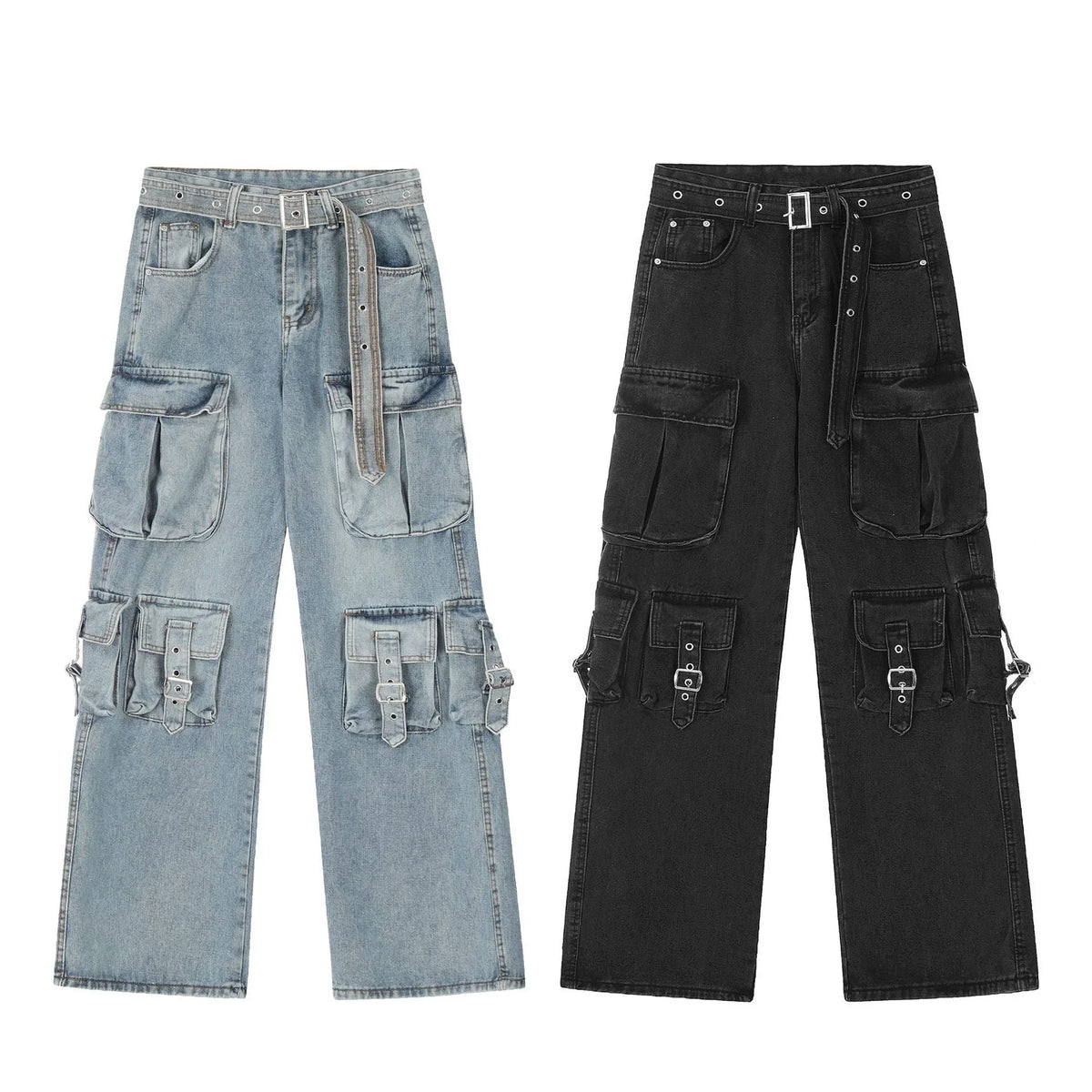 Multi-Pocket Buckle Cargo Jeans