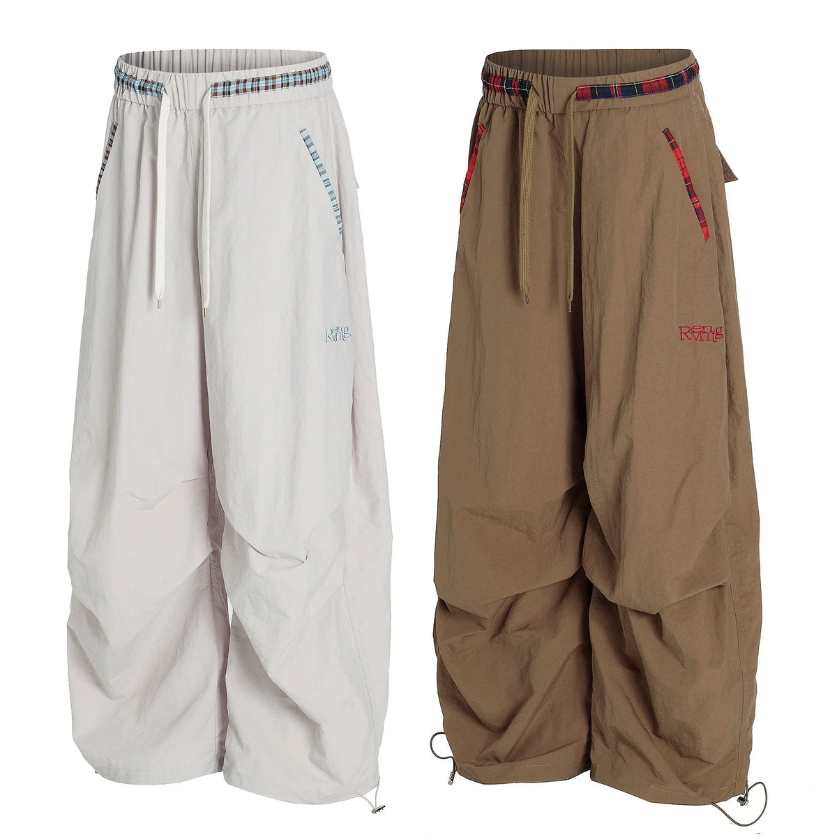 Nylon Plaid-Trim Stacked Pants