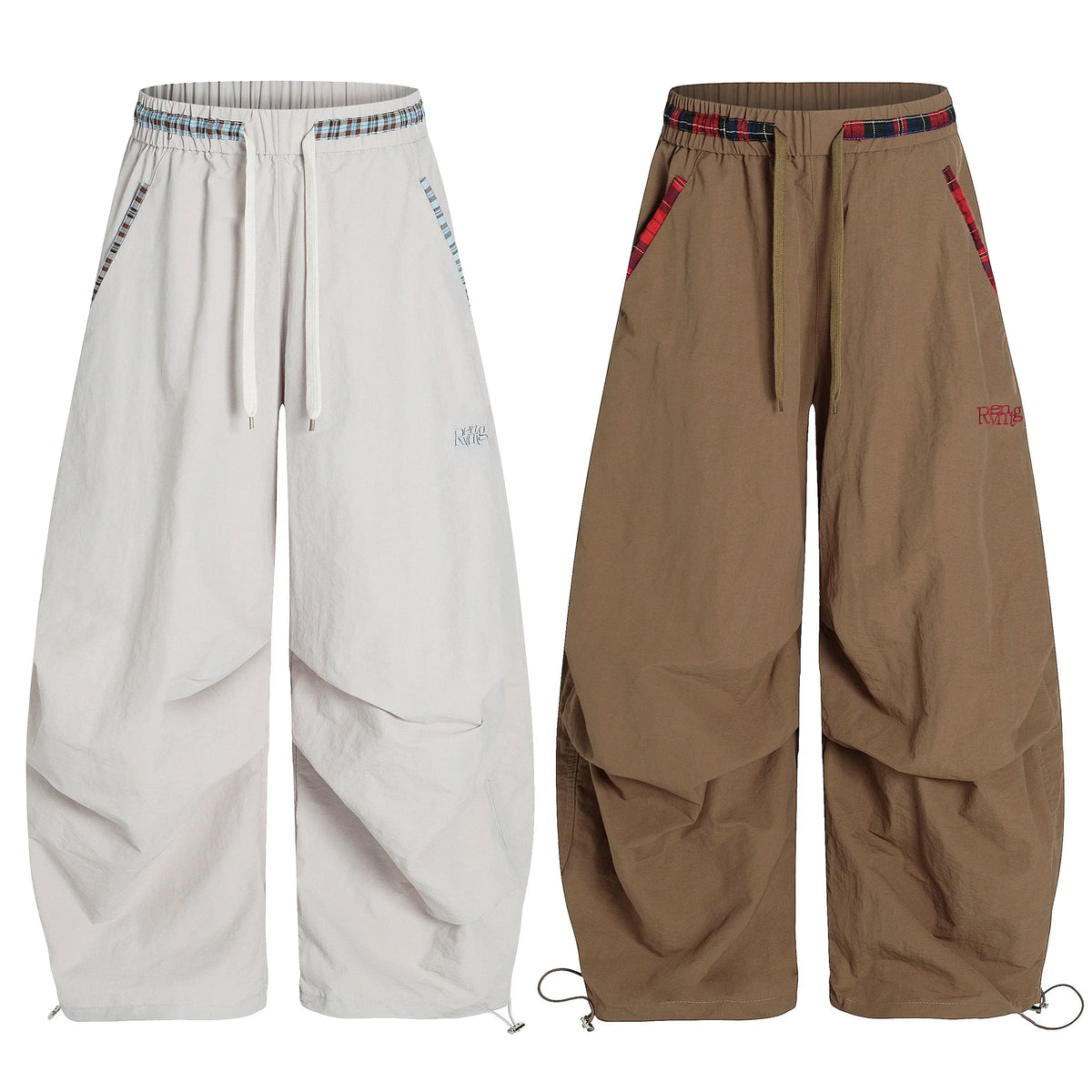 Nylon Plaid-Trim Stacked Pants