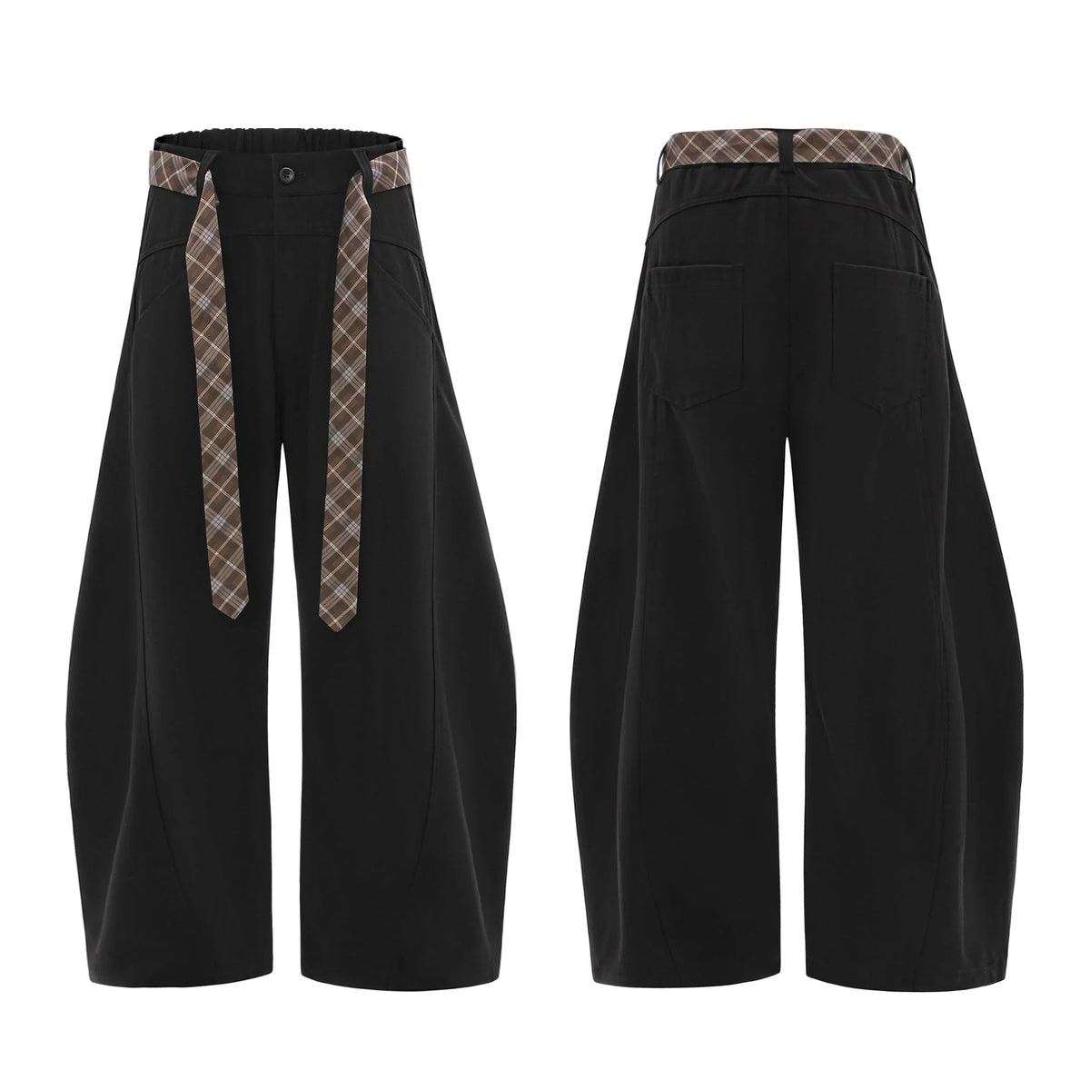 Plaid-Belt Curved Leg Pants