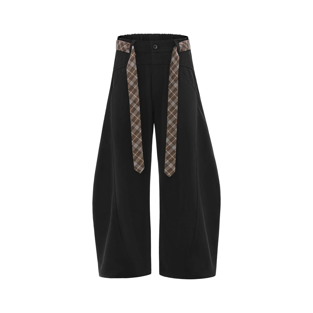 Plaid-Belt Curved Leg Pants