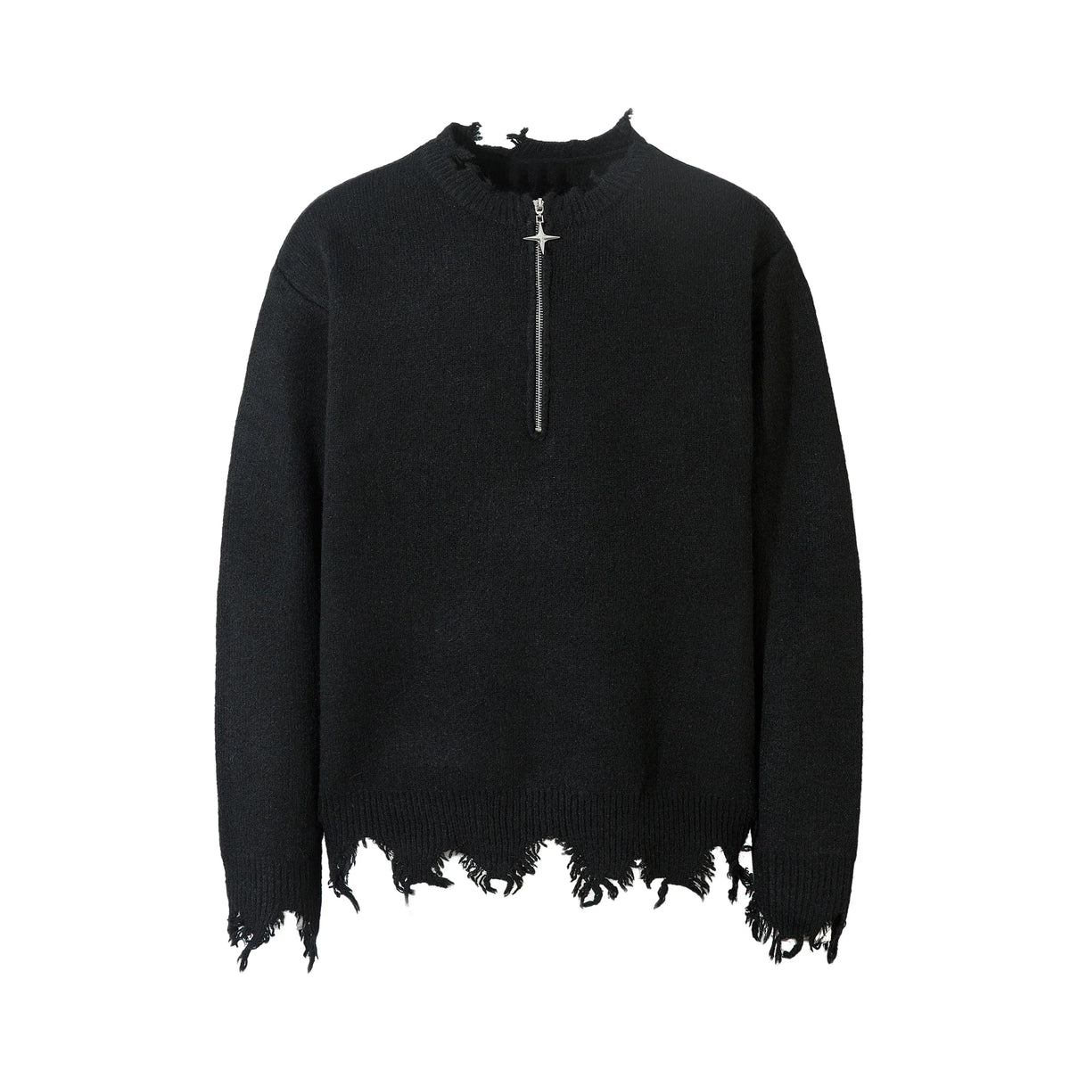 Distressed Hem Half-Zip Knit Sweater