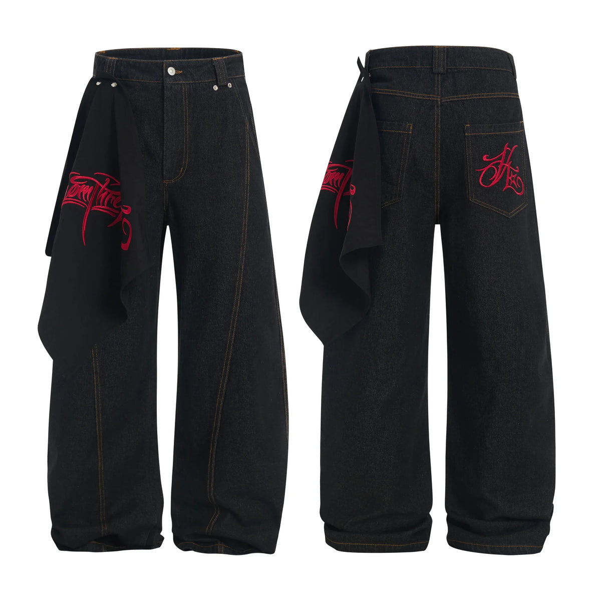 Wide-Leg Pants with Embroidered Side Drape