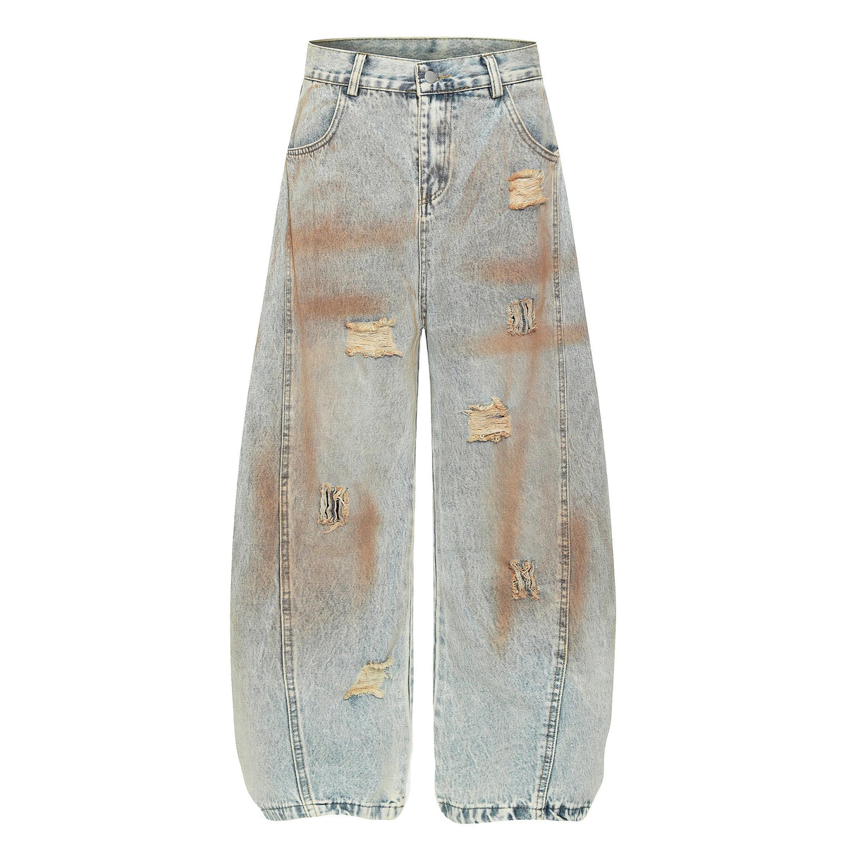 Rust Wash Distressed Barrel Jeans